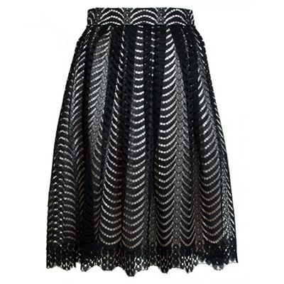 Black and stone lace scallop midi skirt